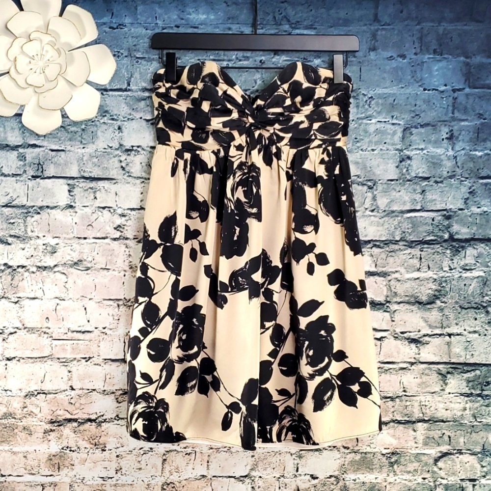 Milly of New York | Ecru and Black Floral Strapless Silk Party Dress